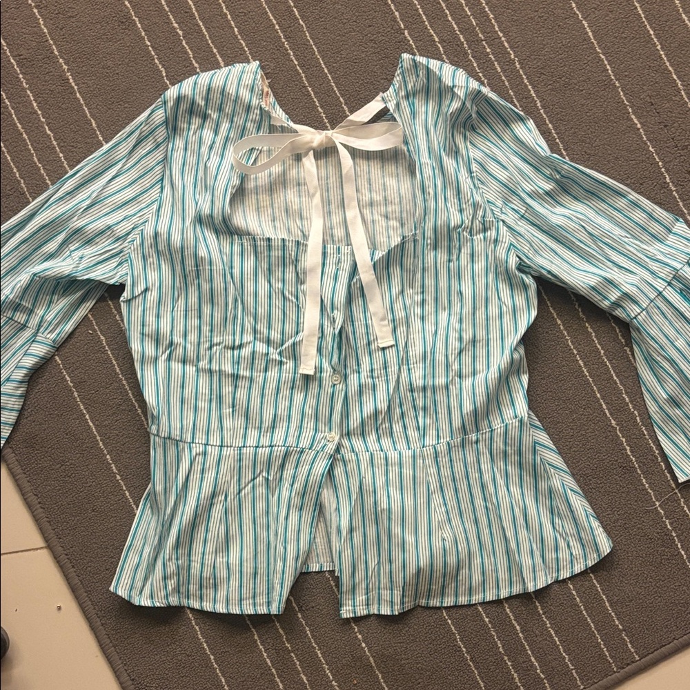 Grand & Greene Teal and White Striped Blouse